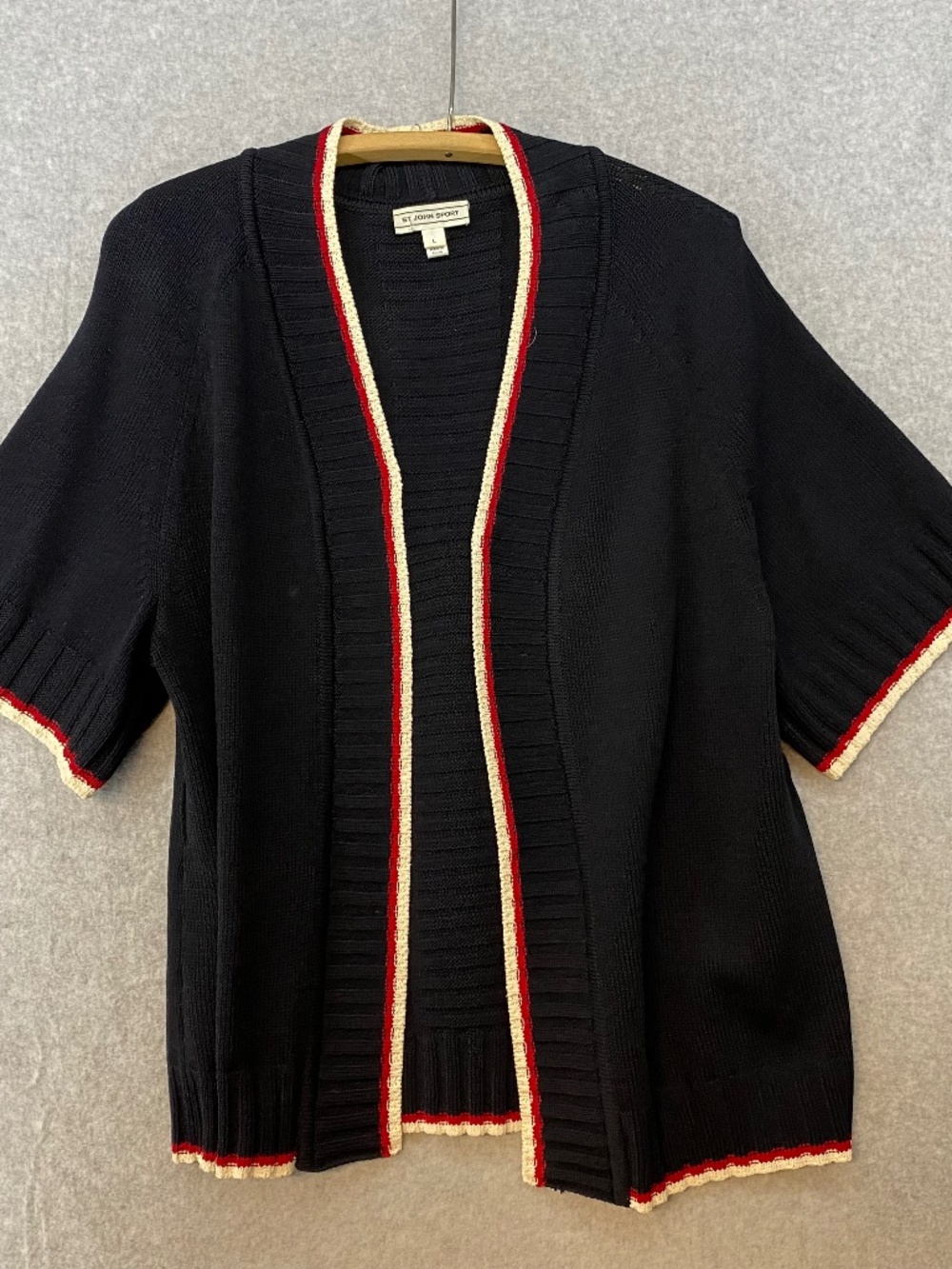 St. John Sport Large Open Front Short Sleeve Cardigan Sweater Black Red White
